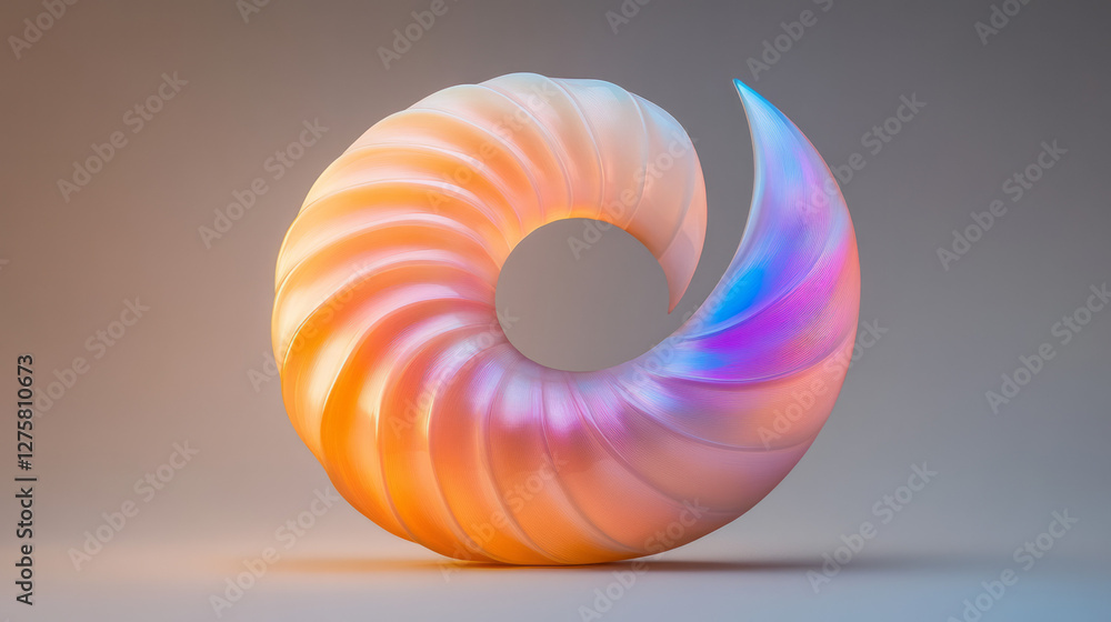 Poster round shell-like form in soft iridescent hues, its edges curling outward in a nature-inspired,