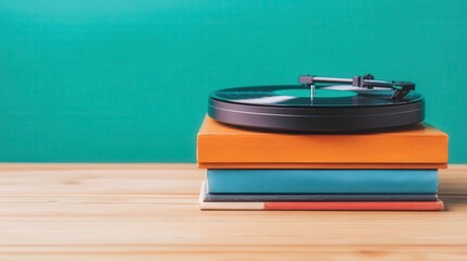 Vintage Turntable on Stack of Colorful Books with Teal Background