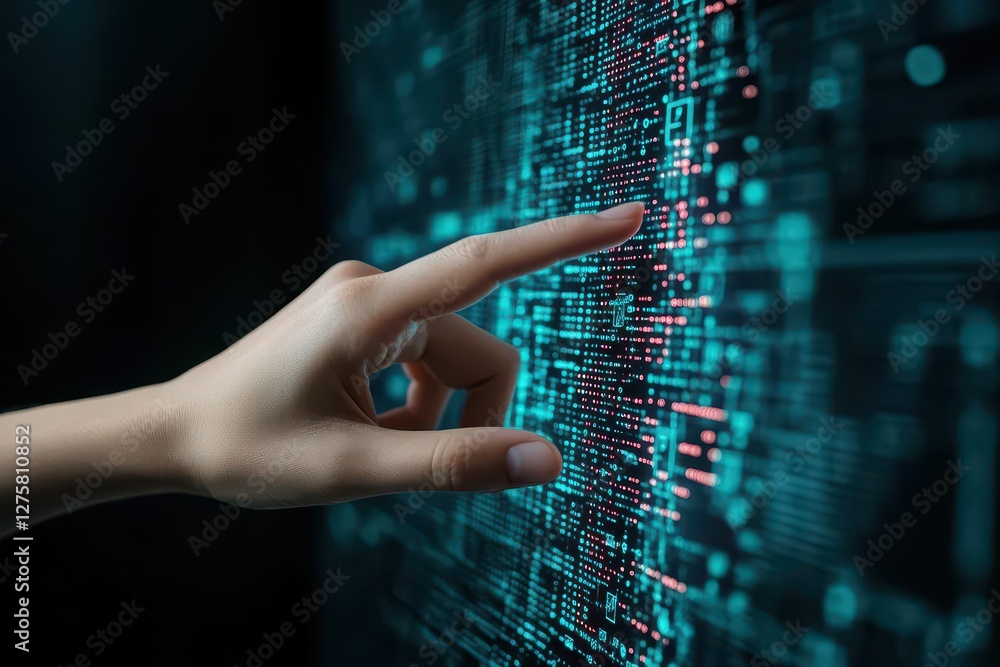Fototapete Hand touching computer screen displaying binary code in digital technology concept