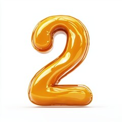 Number 2 made of thick golden caramel with glossy reflections isolated on a clean white background