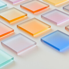Overlapping glass panels in vibrant jewel tones, creating layered reflections and refractions over