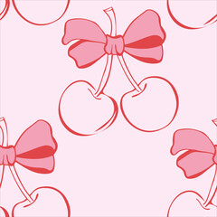 cherry with bow pattern.Trendy Valentine's Day Seamless pattern Sweet coquette and red Cherries Hand drawn Illustration not Ai ,Design for fashion,fabric,textile,wallpaper,wrapping and all prints