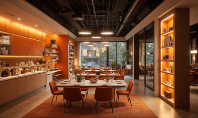 Tech-enhanced dining room in tangerine orange, with interactive dining tables that adjust seating arrangements and track preferences for meal settings.