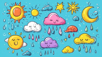 Colorful Cartoon Weather Elements with Smiling Faces on Blue Background