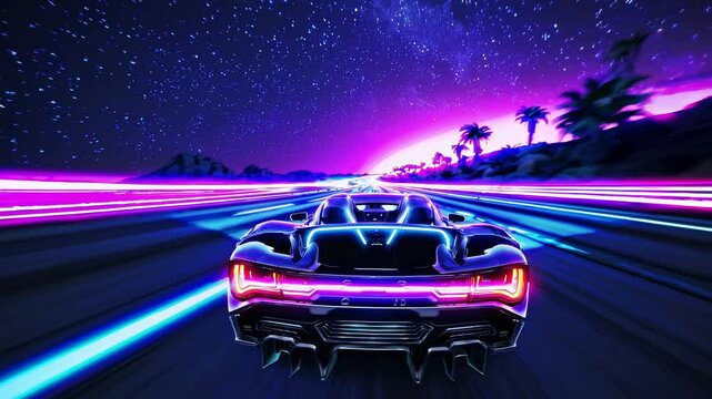 Futuristic video concept with a neon-lit car racing under a starry sky. Rear camera angle captures dynamic motion and vibrant colors.