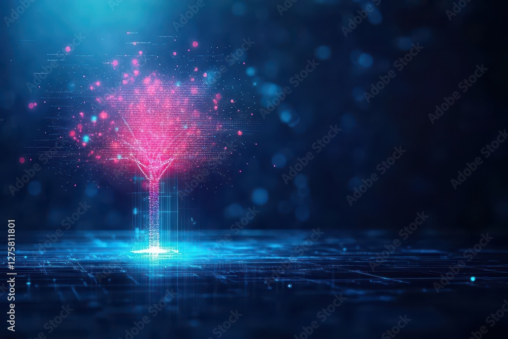 Poster Tree illuminated with glowing lights creating a magical atmosphere at night
