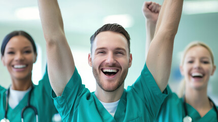Celebrating healthcare team success with joyful expressions and teamwork
