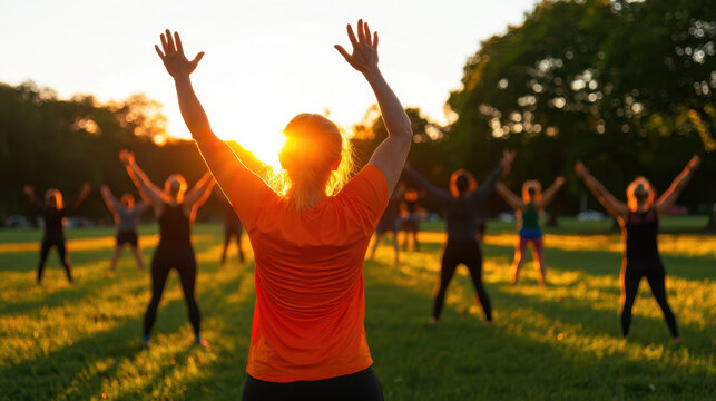 vibrant community fitness class in park at sunset, promoting health and wellness