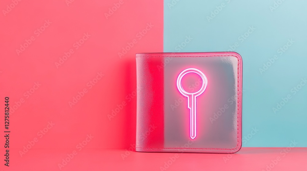 Poster modern transparent wallet with neon key icon on colorful background