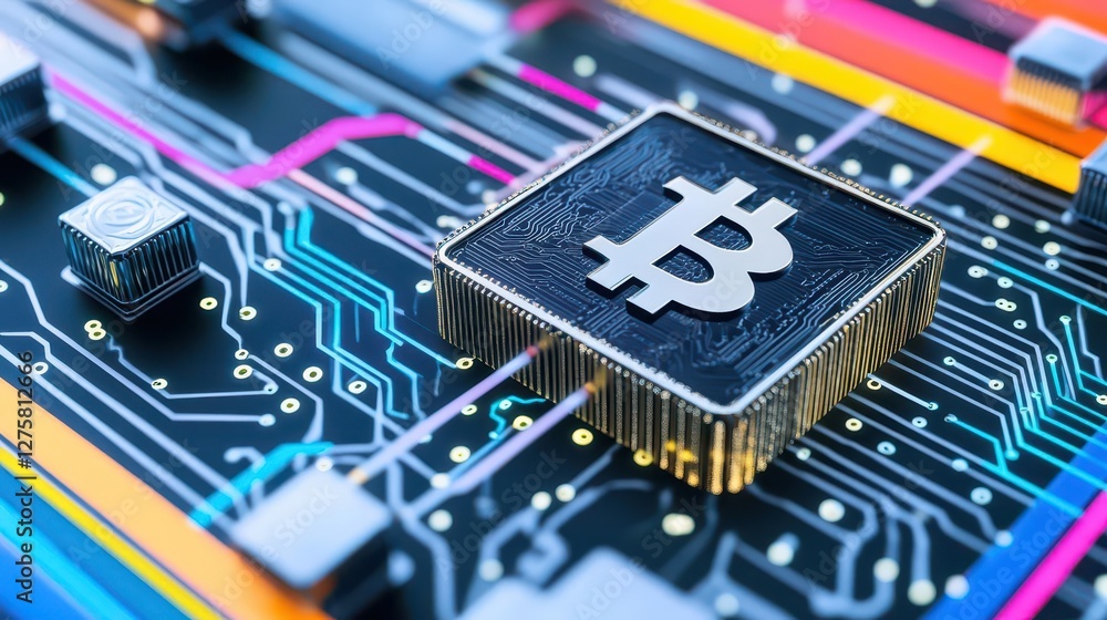 Aufkleber Bitcoin cryptocurrency digital coin symbol with circuit board background representing blockchain technology