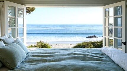 Fototapeta premium Serene Ocean View from Open Bedroom Window with Soft Bedding