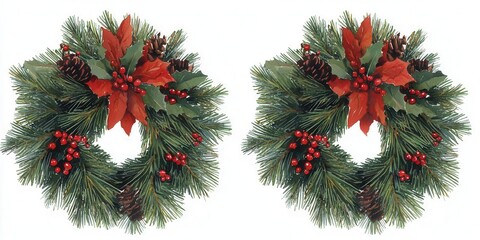 Elegant Christmas wreaths adorned with festive greenery and decor.