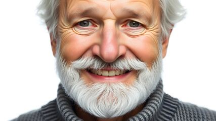 A smiling elderly man with a full white beard, wearing a cozy sweater, looking directly at the camera. Wrinkles and facial features are highly detailed, isolated on a pure white background.