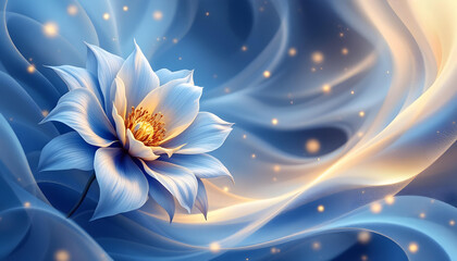 Fototapeta premium A dreamy floral composition with blue and golden flowers arranged in a swirling wave-like pattern, enhanced by soft lighting, subtle sparkles, and flowing ribbon-like elements.