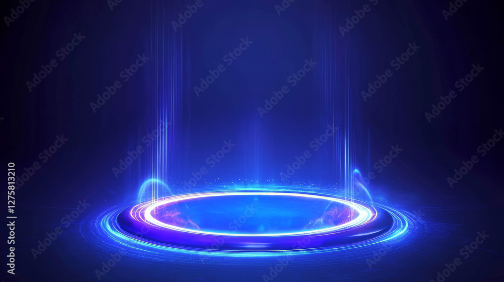 Poster blue glowing neon game portal - realistic vector illustration of futuristic teleport podium for game