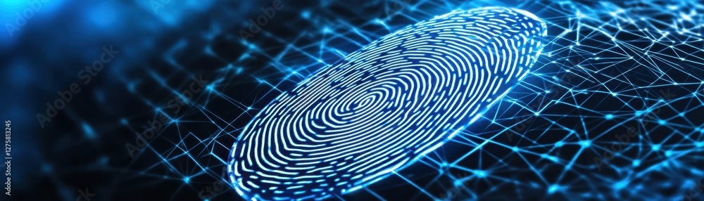 Poster blue fingerprint scan icon on virtual screen while finger scanning for security access with biometri