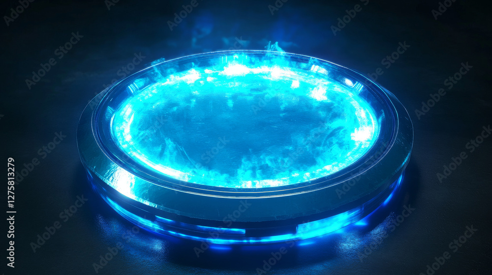 Poster blue glowing neon game portal - realistic vector illustration of futuristic teleport podium for game