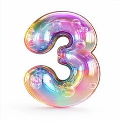 Number 3 made of floating iridescent soap bubbles with soft rainbow reflections isolated on a clean white background