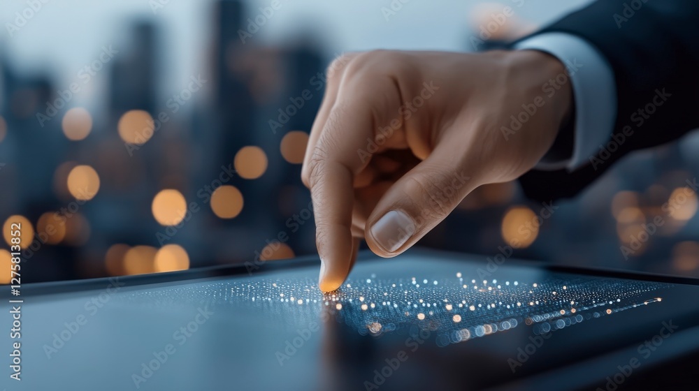 Poster close-up of hand interacting with futuristic touchscreen device in cityscape background