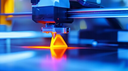 Close-up of a 3D printer creating a vibrant yellow object in a modern workshop setting