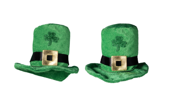 Green Leprechaun hat isolated on transparent background for design. St Patrick's holiday decoration. Leprechaun hat for St. Patrick's party.