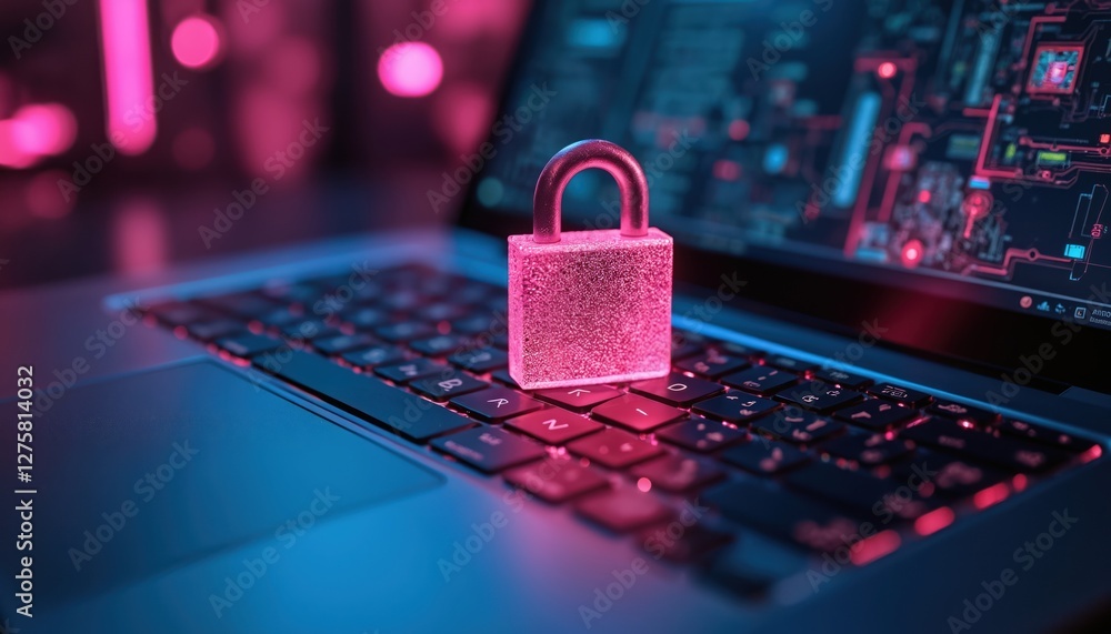 Poster cybersecurity concept with neon glowing padlock on laptop keyboard. digital data protection and priv