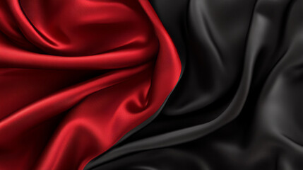 Obraz premium Red and black silk folded fabric backgrounds, luxurious textile decoration backdrop for poster, banner or cover design. Drapery material with soft satin waves, poster, 3d vector realistic illustration
