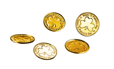 Set of St Patrick’s day shiny gold coin isolated on transparent background for design. St...