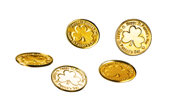 Set of St Patrick’s day shiny gold coin isolated on transparent background for design. St Patrick's holiday coins for decoration.