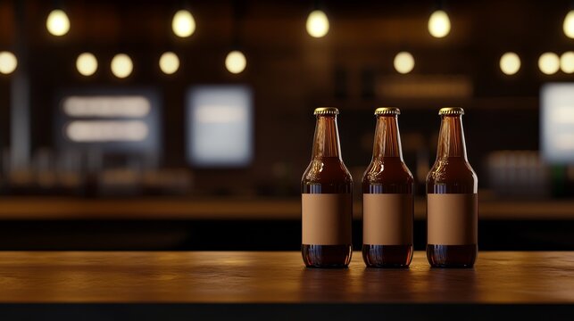 Three brown bottle of beer on a wooden bar with a blurred pub background and warm lighting