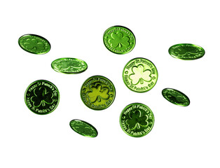 Set of St Patrick’s day shiny green coin isolated on transparent background for design. St...