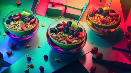Colorful and Vibrant Breakfast Bowls with Fresh Fruits and Granola