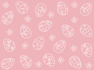 ピンク色のイースターエッグとクローバーの線画背景