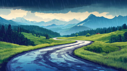 Rainy mountain road scene and water puddle cartoon landscape. Outside storm weather in summer trip with winding path perspective view. Empty panorama with wet hill way in evening banner design
