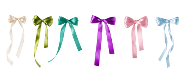Set of ribbon tied bows isolated on transparent background for design . Satin multi coloured luxury ribbon bow elements for holiday packaging and design.