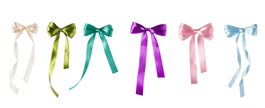 Set of ribbon tied bows isolated on transparent background for design . Satin multi coloured luxury ribbon bow elements for holiday packaging and design.