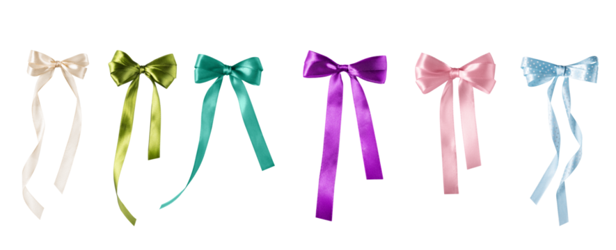 Set of ribbon tied bows isolated on transparent background for design . Satin multi coloured luxury ribbon bow elements for holiday packaging and design.