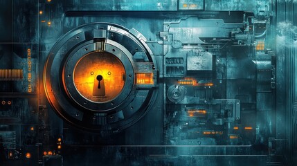 Futuristic metallic vault door with glowing keyhole, intricate details, dark blue and orange tones.