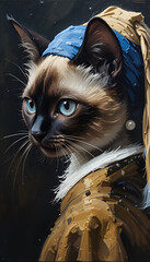 Ai generated oil painting Portrait of a cute Siamese cat Vermeer style of the artwork