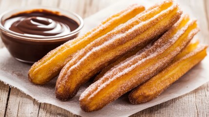 A Delectable Display of Churros with Chocolate Dip
