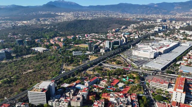 Drone footage capturing urban landscape of Perisur and Pedregal, CDMX