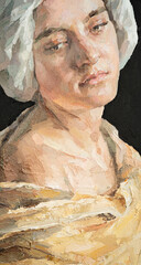 .GIRL with a scarf on her head. Portrait of a woman on a black background. Oil painting on canvas.