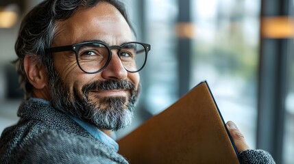 Closeup of a cheerful confident businessman or entrepreneur embracing a folder with a proud satisfied expression on his face conveying a sense of success and achievement