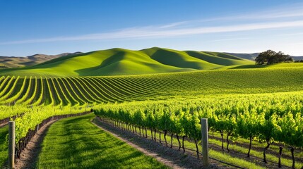 Fototapeta premium Lush green vineyard landscape under a clear blue sky with rolling hills in the background