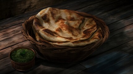 Aromatic Naan in a Rustic Basket, Perfect Indian Cuisine