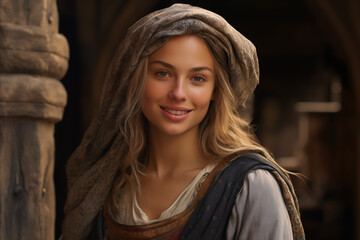 Smiling Woman in the Medieval Era Radiating Joy and Beauty in Traditional Clothing, Capturing the Essence of Medieval Life, Nobility, and Everyday Happiness in a Historical Portrait of the Middle Age