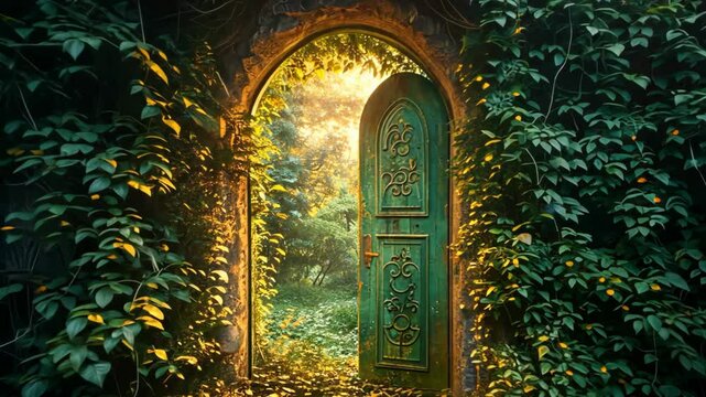 a mysterious secret garden entrance door with wall covered with ivy vine, go to the mystery 