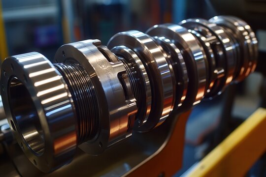 A detailed view of an engine's crankshaft and main bearings . Detailed view of a metal cylinder adorned with a multitude of gears, highlighting the intricacies of mechanical design.