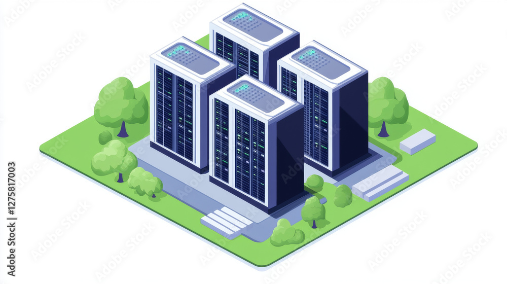 Poster modern data center with computer servers. vector cartoon illustration of dark room with information 