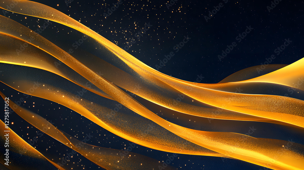 Poster abstract golden waves with glittering particles on a dark background